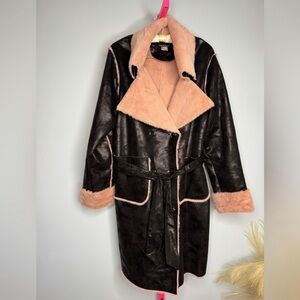 Venus Faux Shearling Belted Coat Sherpa Lined Warm Double Breasted - Size 10